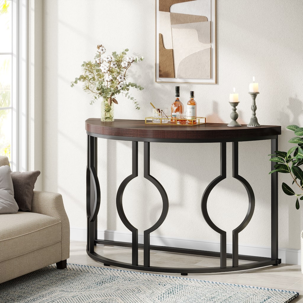 Half Moon Console Table for Entryway, Rustic Brown