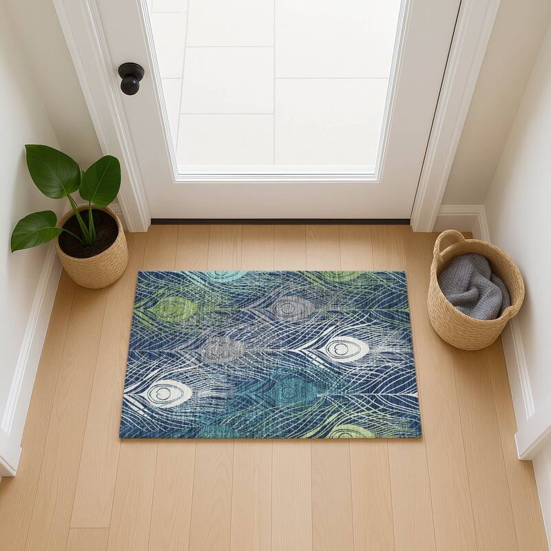 Machine Washable Indoor/ Outdoor Modern Peacock Chantille Rug