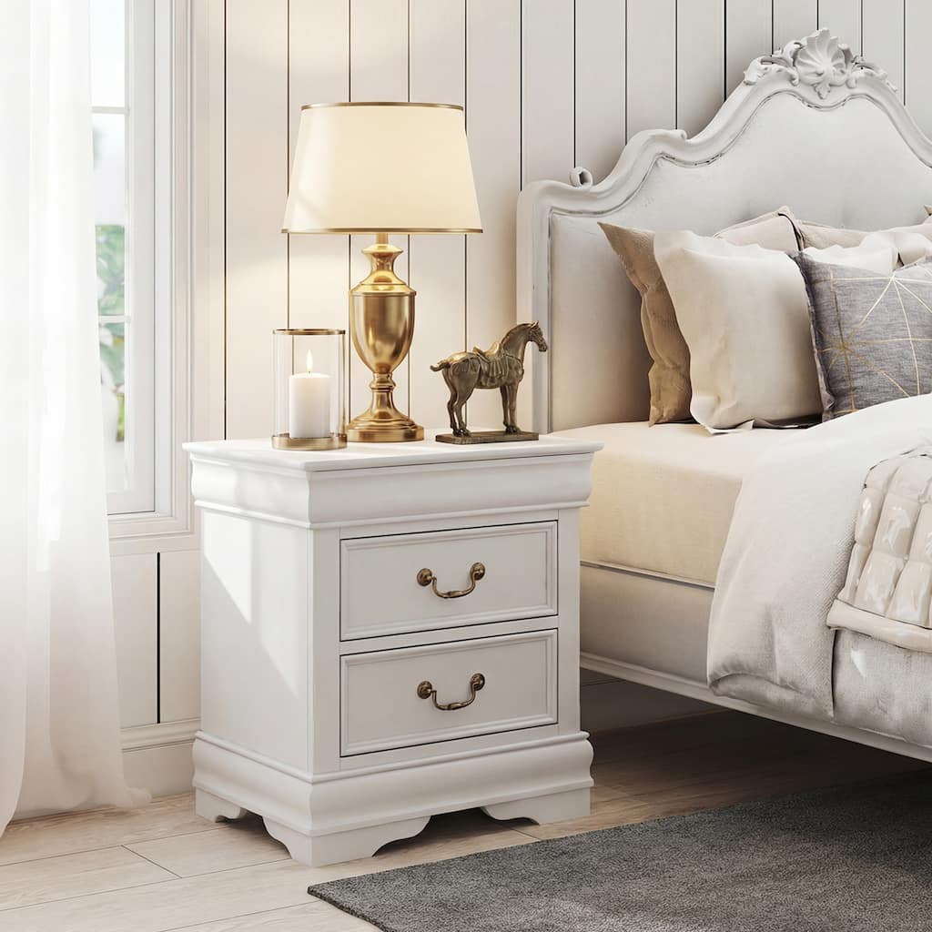 Rossetta Transitional Antique Elegant Style 2-Drawer Nightstand with Solid Wood Legs and Smooth Glides