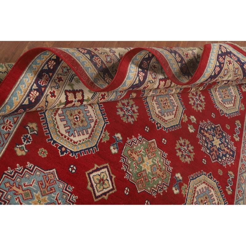 Kazak Oriental Area Rug Hand-Knotted Geometric Red Wool Carpet - 6'6"x 9'10"