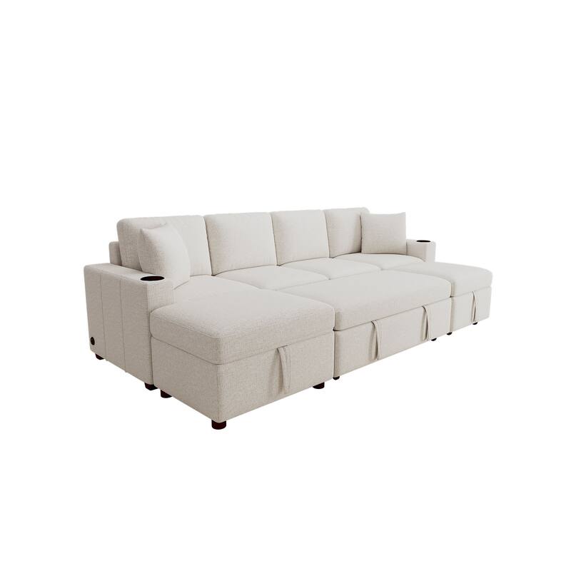 Modular Chenille Pull-Out Sleeper Sofa with Movable Storage Ottoman and USB Ports for Living Room