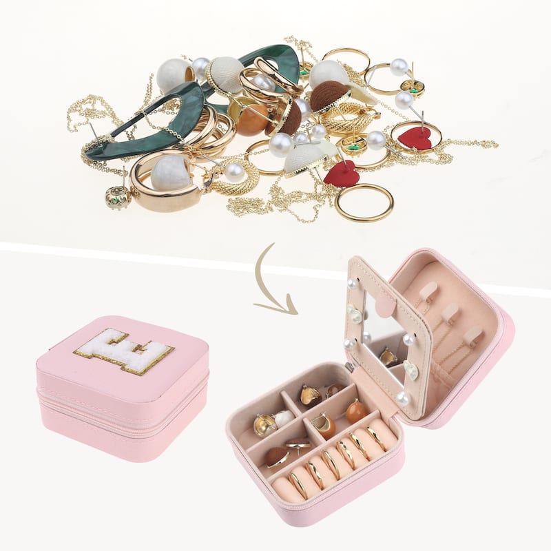 Travel Jewelry Box with Mirror for Women Girls Gifts, Mini Portable PU Leather Jewelry Organizer Case Storage Display Holder - E