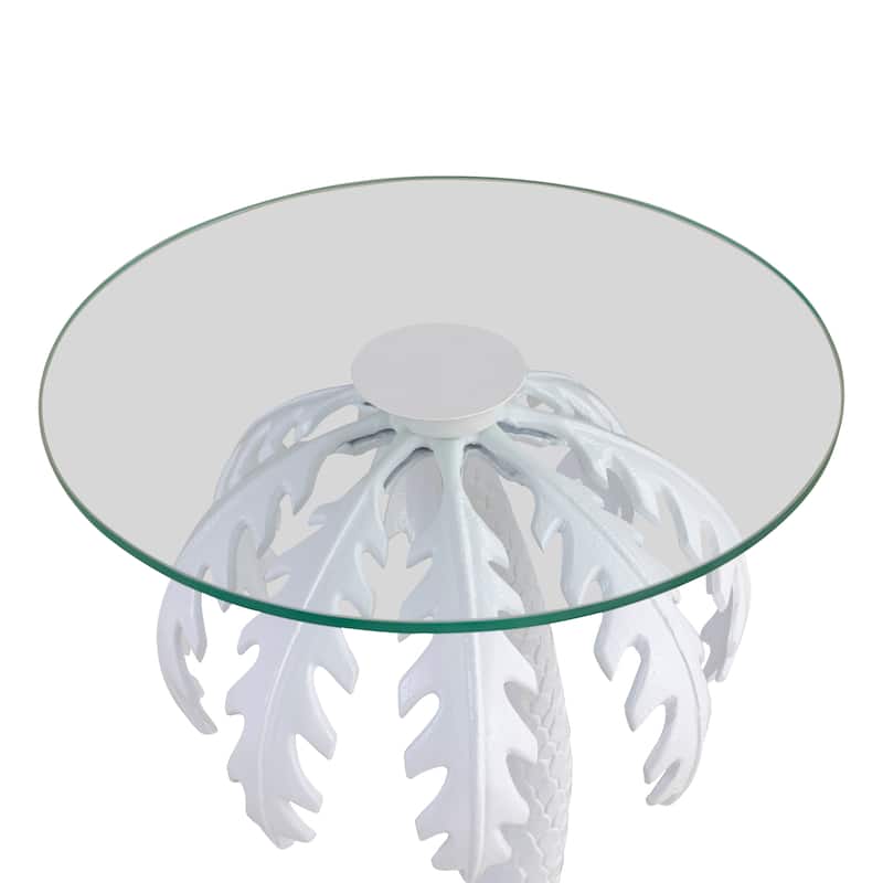 Hedda 24.75" Glass Top Metal Palm Tree End Table, White, by JONATHAN Y