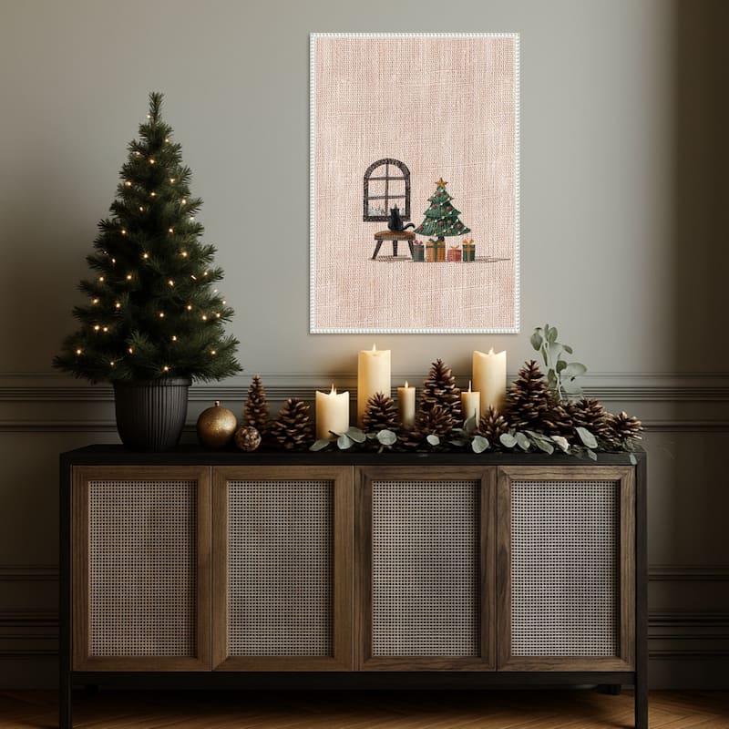 Cat in Cozy room by Xuan Thai (23 x 33 in.), Framed Canvas Wall Art Print - Sylvie Beaded White