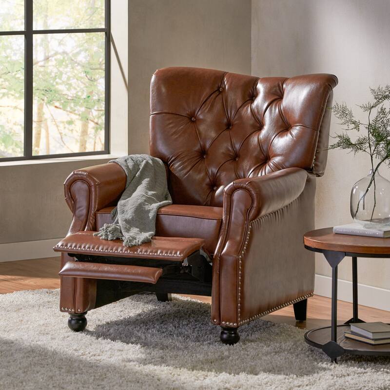 Light Brown Pu Leather Upholstered Push Back Recliner with Footrest, Button-tufted Backrest, Nailhead Accents
