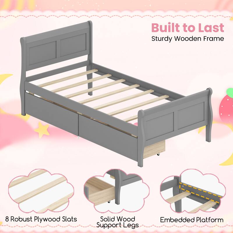 Costway Twin Size Bed Frame with 2 Storage Drawers Wood Platform Bed