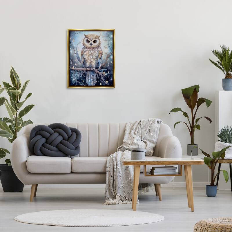 Stupell Owl on Twinkling Branch Framed Floater Canvas Wall Art Design by The Dutch Lady