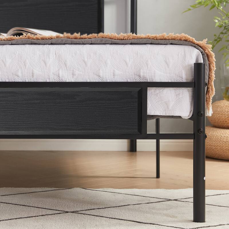 VECELO Industrial Bed Frame with Wood Headboard,Twin/Full/Queen Size Bed, Black/Brown/Slate-3 colors