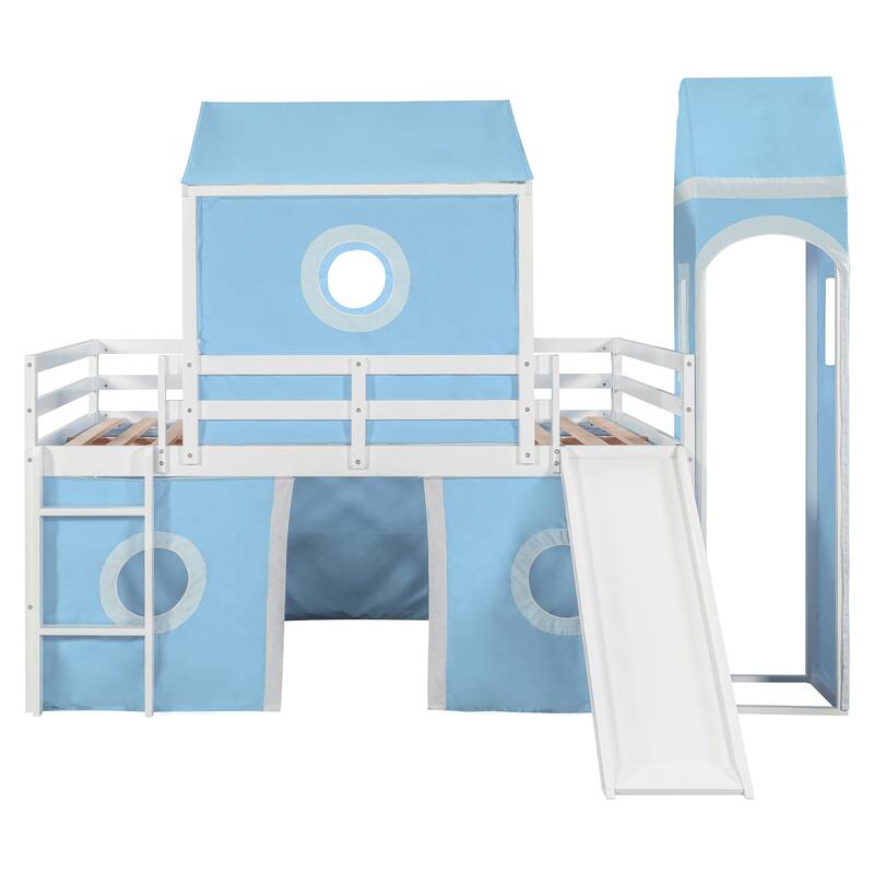Full Size Loft Bed with Slide, Pink Tent, and Tower in Blue - Durable Pinewood Construction