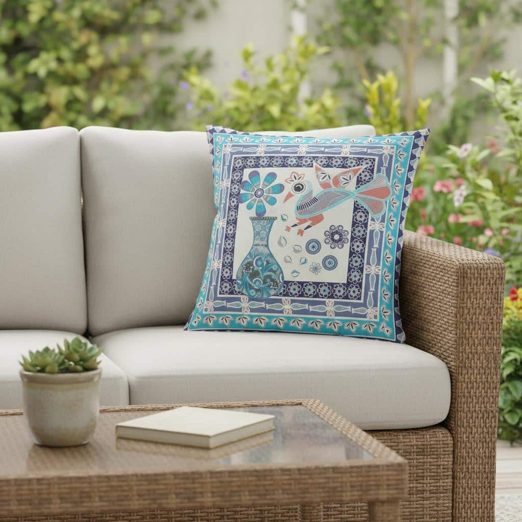 HomeRoots 26" x 26" Blue and Off White Peacock Blown Seam Floral Indoor Outdoor Throw Pillow - 26.00' X '5.00' X '26.00