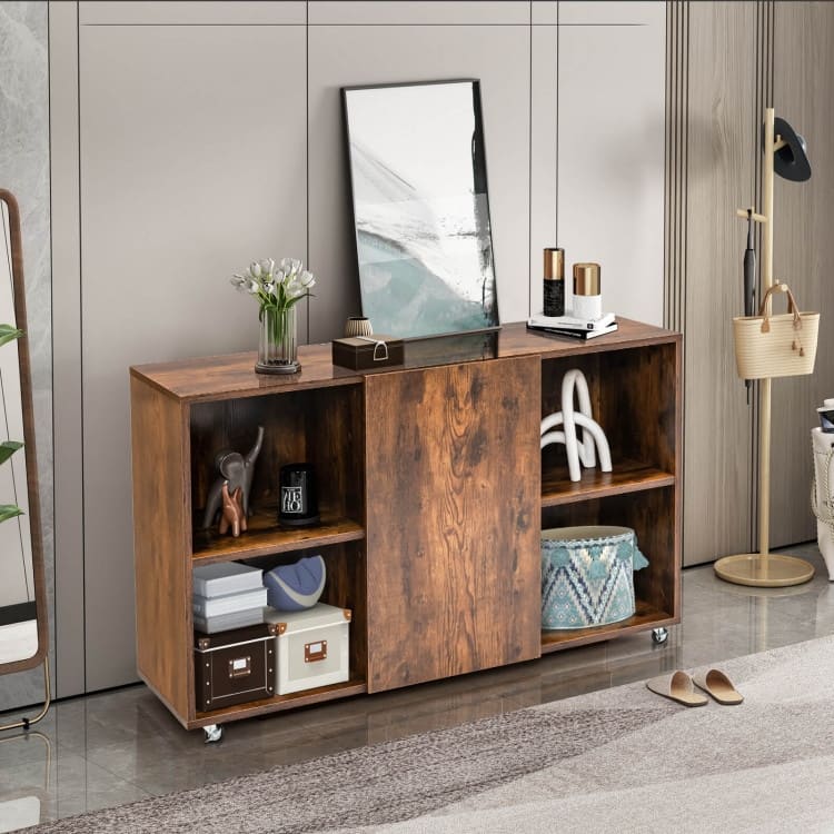 Wood Storage Cabinet with Wheels and 6 Compartments - 44" x 16" x 28" (L x W x H)