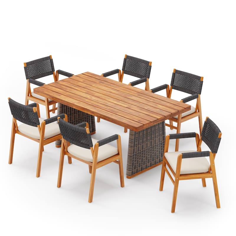 Christopher Knight Home - Kael Outdoor Acacia Wood Dining Set with Rope-Woven Armchairs and Cushions