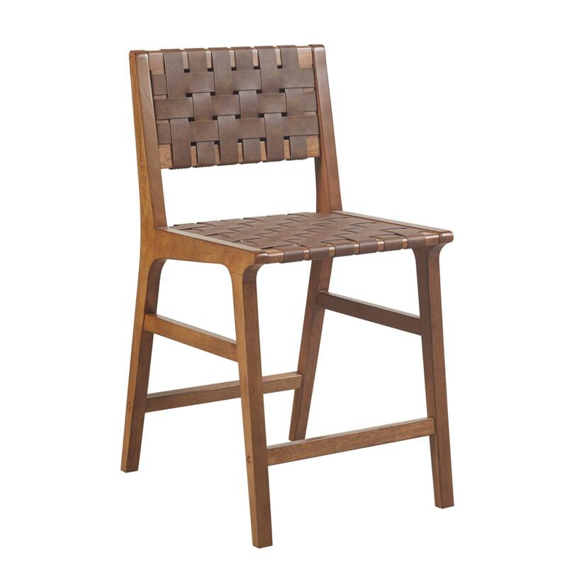 Roomfitters 24-Inch Woven Counter Stool, Faux Leather Mid-Century Modern Bar Chair with Solid Wood Frame, Brown