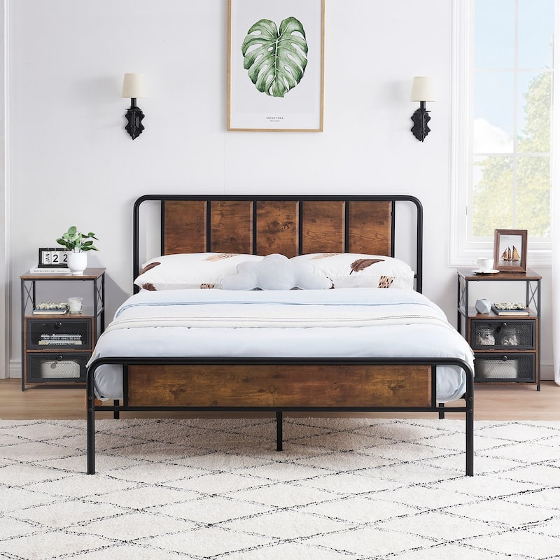 Taomika 3-pieces Industrial Modern Bed Frame and Nightstands Set - Brown - Queen