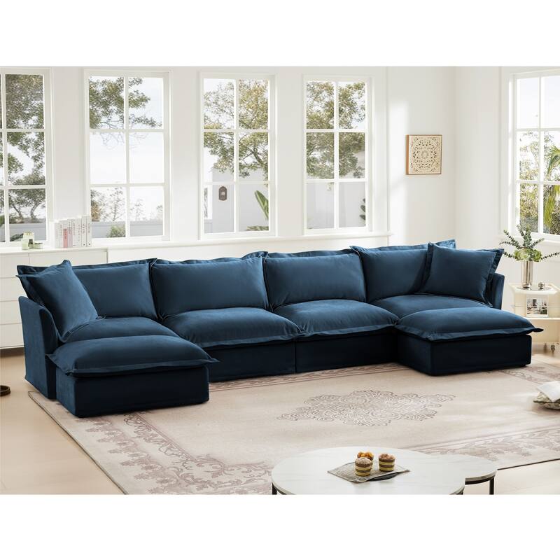 Modern 4 Seater Upholstered Sofa with 2 Ottomans and 2 Pillows