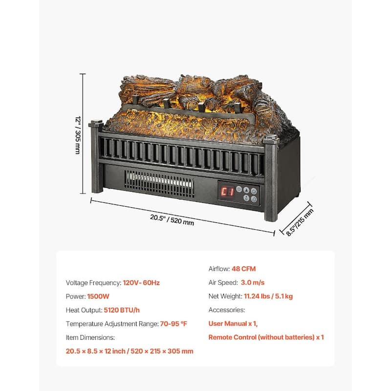 1500W Electric Log Heater with Timer and Remote Adjustable Brightness