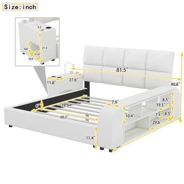 Queen Size Upholstered Platform Bed with Multimedia Nightstand & Storage Shelves Storage Bed Frame for Kids Teens Adults, White