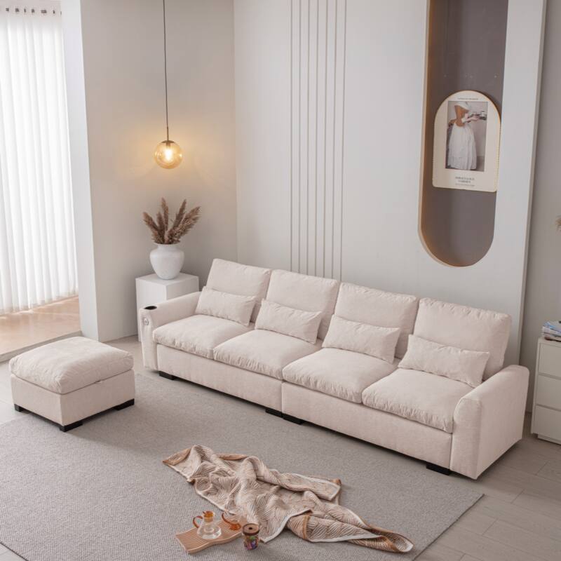 114.5"Modern L Shaped Chenille Sofa Couch Reversible Ottoman With Storage Removable and Washable Cushions Sofa - Beige