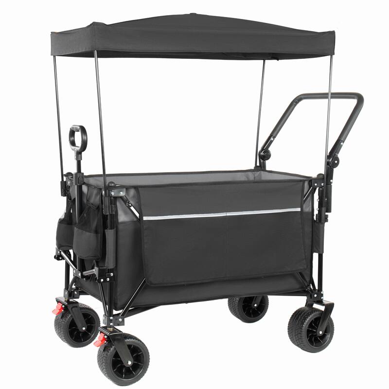 Multi-Functional Push-Pull Folding Wagon Cart with Rotating Handle & Canopy,7"x4"All-Terrain Wheels & Brakes,300L Large Capacity