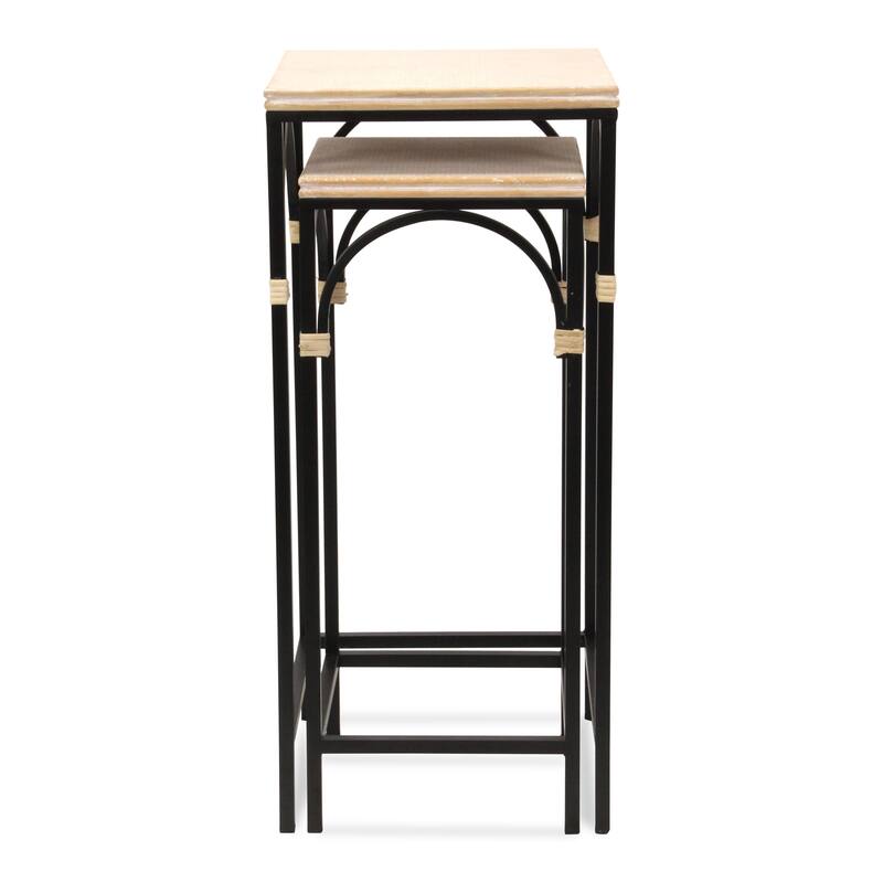 Claudette Set of 2 Rattan Accented Wood & Metal Square Side Tables