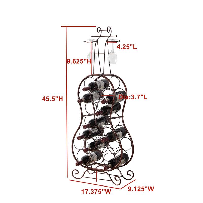 Cello-Shaped Wine Rack for 19 Bottles and 2 Glasses