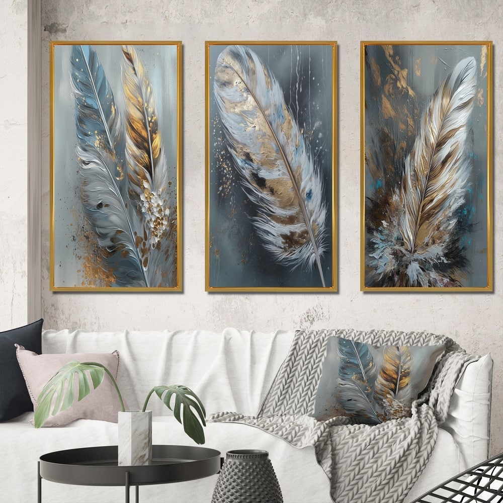 Designart "Gold Feather Wanderlust III" Glam Feather Framed Wall Art Set Of 3 Frame Gallery Set For Office Decor