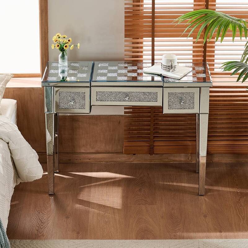 Mirrored Makeup Vanity Desk Console Table with Flip-Top Mirror - Silver