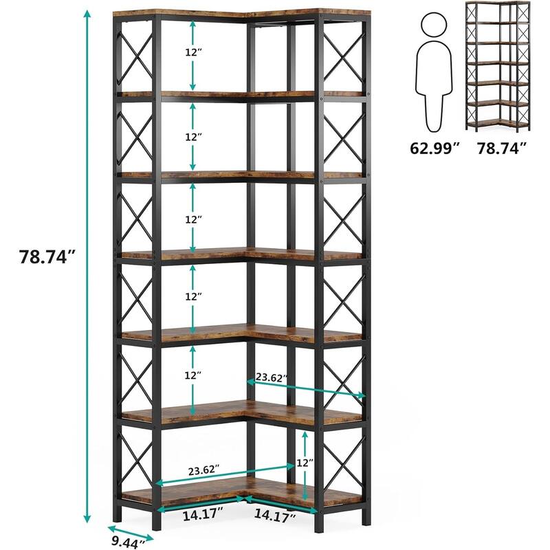 7-Shelf Corner Bookshelf Bookcase for Living Room Home Office