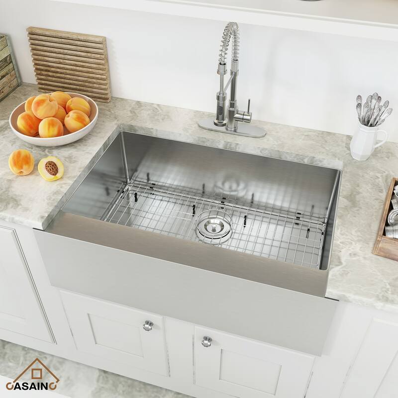 33 in. Farmhouse/Apron-Front Single Bowl 18 Gauge Brushed Stainless Steel Kitchen Sink with Bottom Grid and Strainer