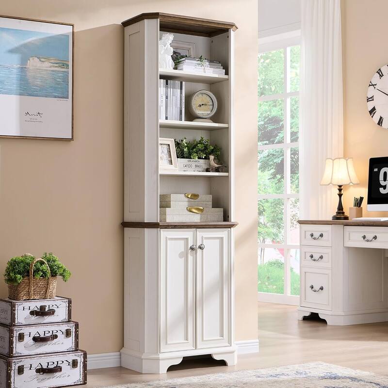 Farmhouse 6-Tier Bookshelf with Storage, 72" Tall Wooden Bookcase - Antique White