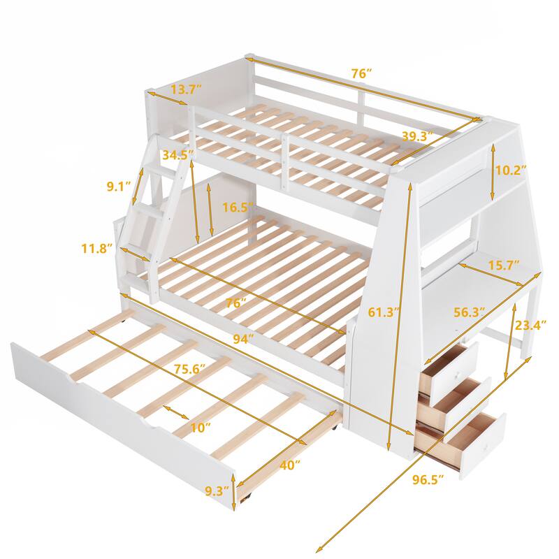 Twin over Full Bunk Bed with Trundle and Built-in Desk