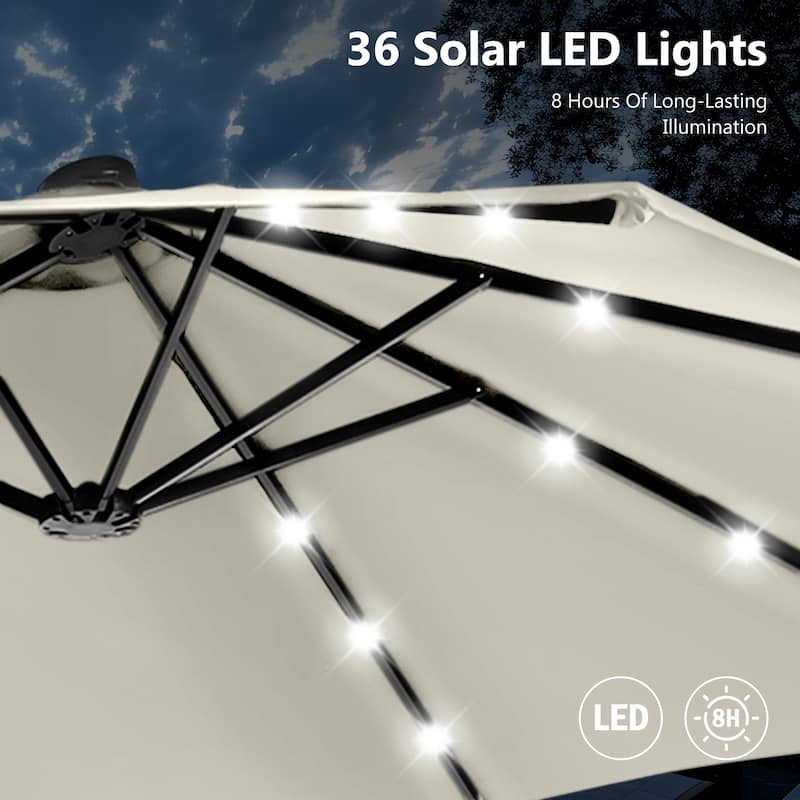 MAISON ARTS 15-foot Rectangular Crank Double-sided Outdoor Market Umbrella Solar LED Lighted Patio Umbrella with Base Included