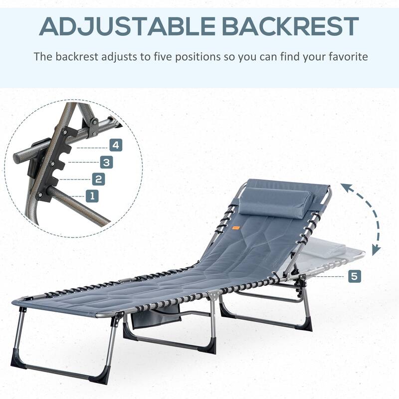 Patio Padded Folding Chaise Lounge Chair, Outdoor 6-Level Reclining Camping Tanning Chair with Headrest