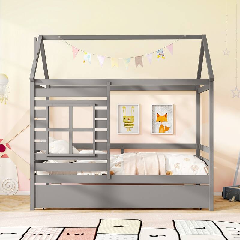 Gymax Twin Size House Bed with Trundle Wooden Platform Bed w/ Roof