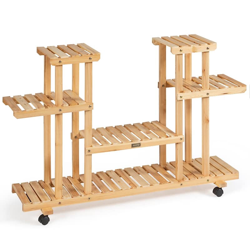 4 Tier Wooden Flower Stands Rolling Flower Plant Display Shelf