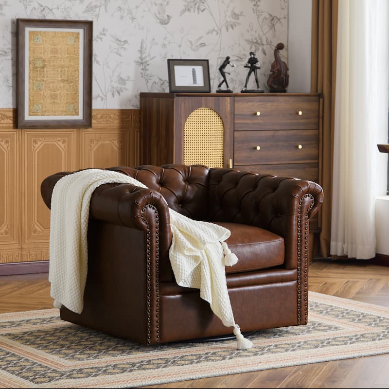 Christopher Knight Home - Chesterfield Swivel Club Chair with Deep Button Tufting and 360-Degree Rotation - Dark Brown