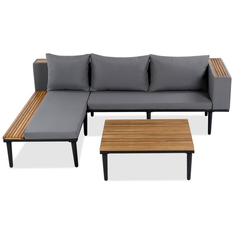 Roomfitters L-Shaped Outdoor Sectional Sofa Set with Built-in Wood Side Tables and Coffee Table, Patio Conversation Set