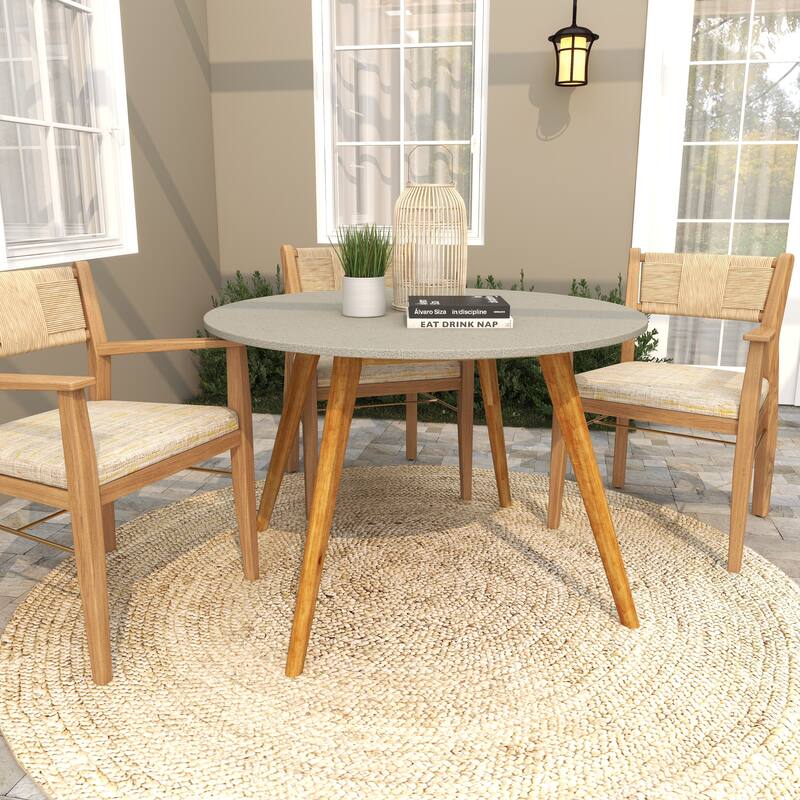 Gray Concrete Inspired Oval End Table Outdoor Accent Table with Brown Tapered Wood Legs