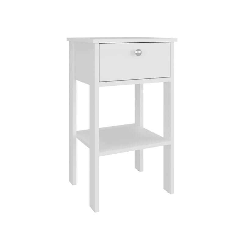 White Modern Nightstand with Drawer and Open Shelf, Space-Saving Design