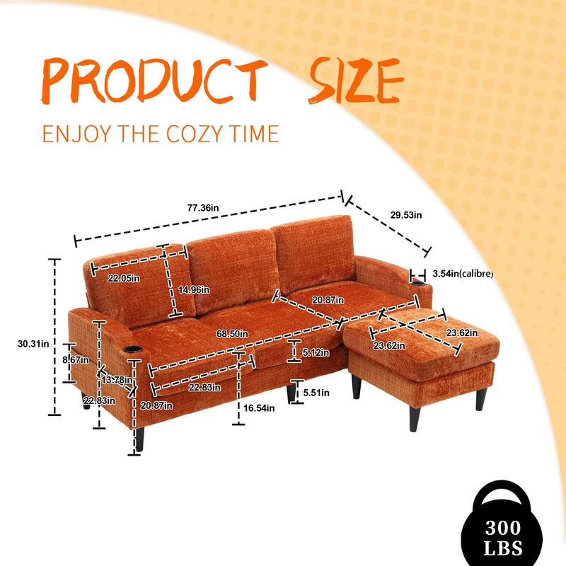 HOMEFUN Chenille Upholstered L-Shaped Living Room Sofa with Storage Ottoman