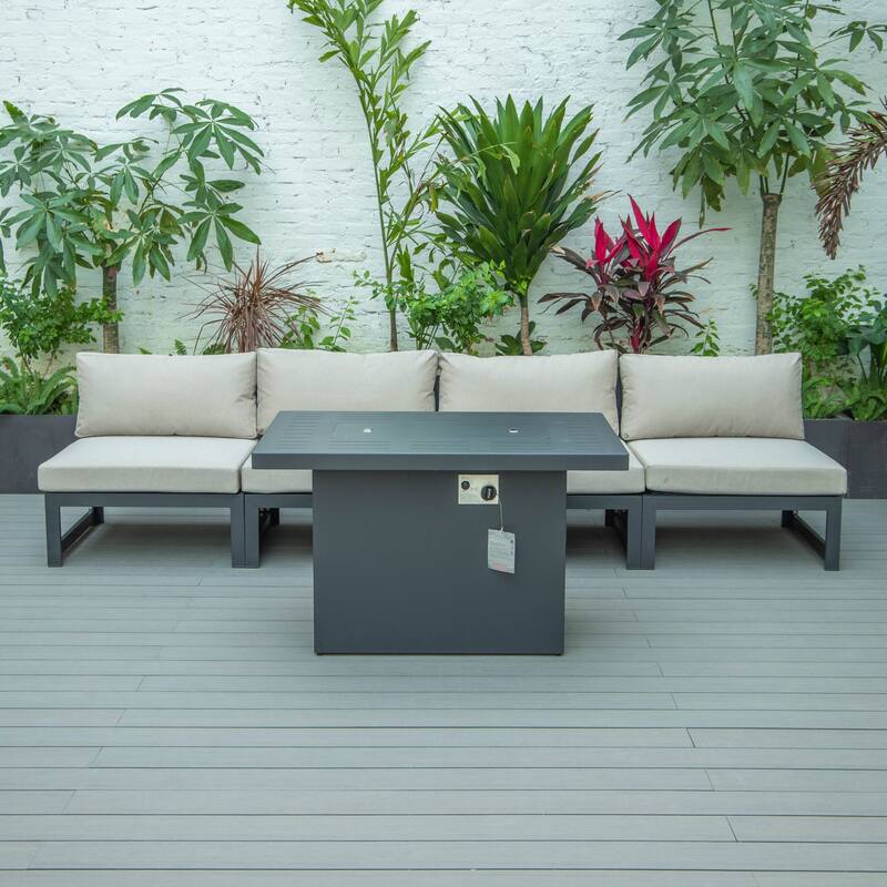 LeisureMod Chelsea 5-Piece Outdoor Patio Chairs and Fire Pit Table Set