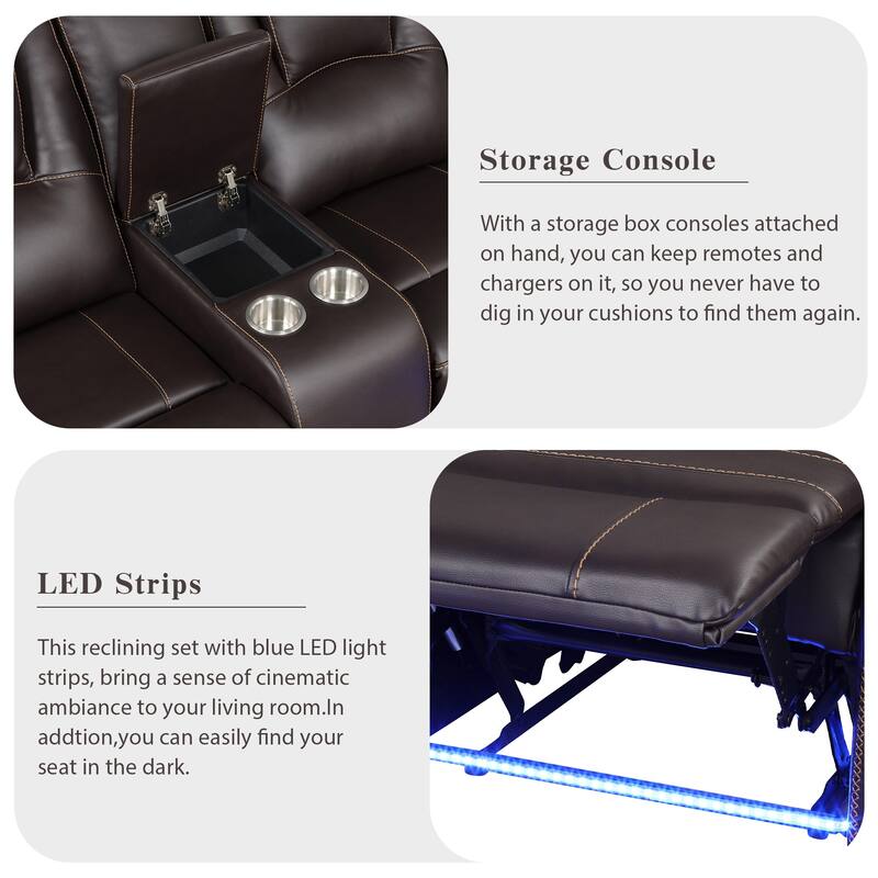 Modern Faux Leather Manual Reclining with LED Light Strip with 2 Cup Holders