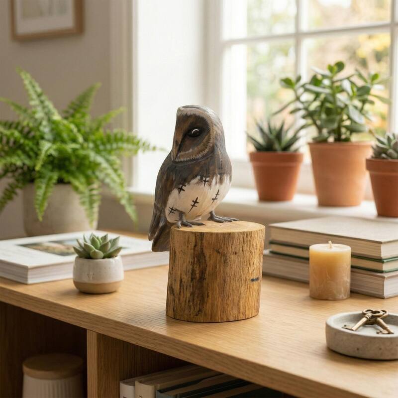 10" Wooden Hand Carved Barn Owl Standing on Log Statue Bird Figurine Sculpture Home Decor Accent Handcrafted Decoration Handmade