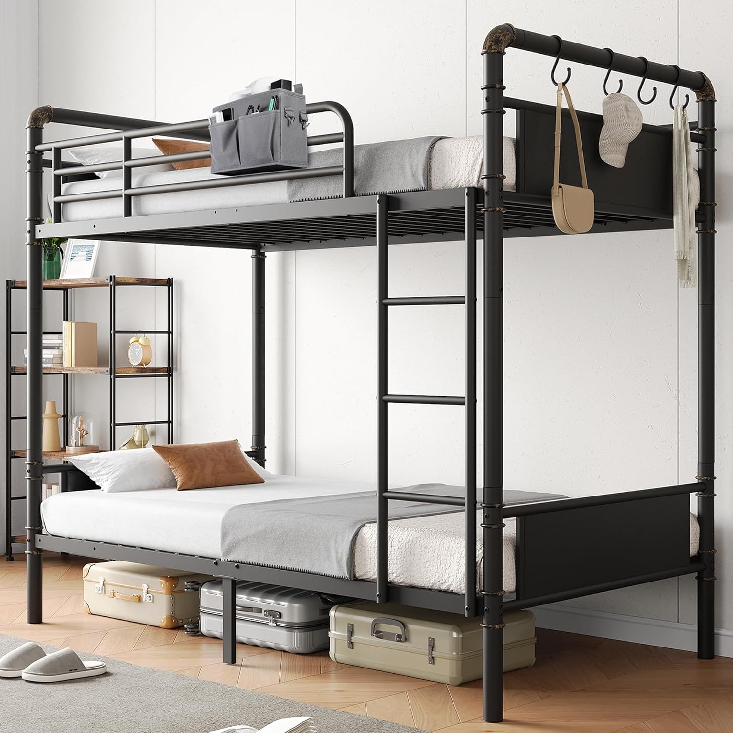 Convertible Twin Over Twin Metal Bunk Bed with Ladder, Guardrail, and Under-Bed Storage, Black