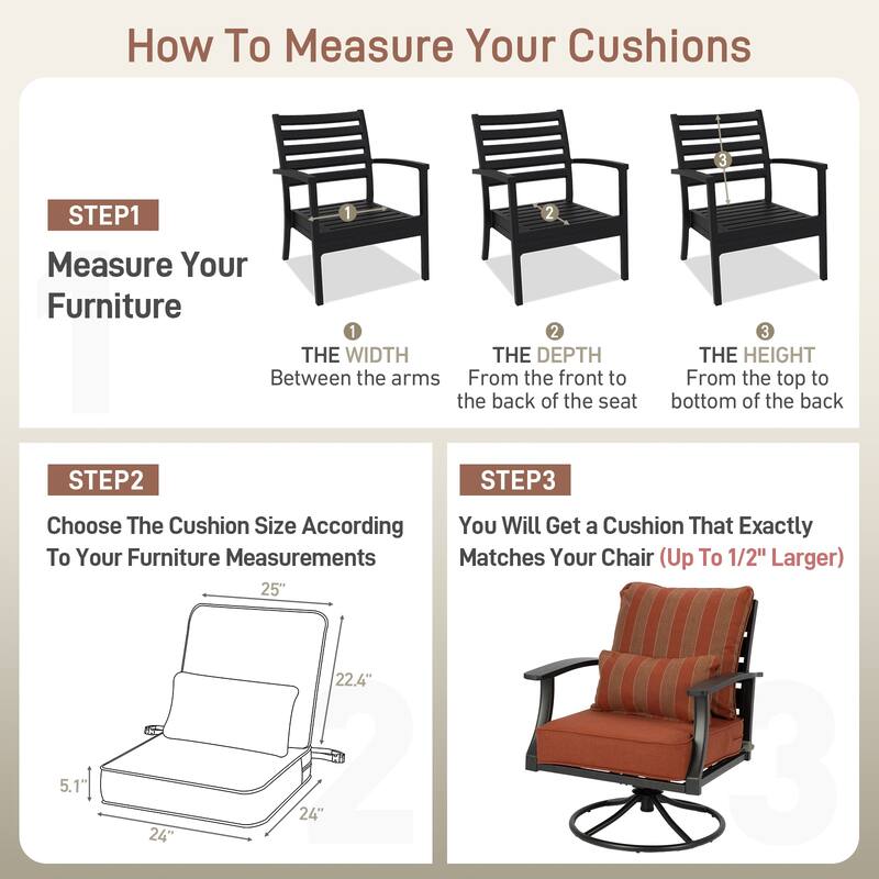 Aoodor 24'' x 24'' Outdoor Deep Seat Chair Cushion Set with Sponge Foam (Set of 2 Seats, 2 Backs, 2 Pillows) - 24"x24"