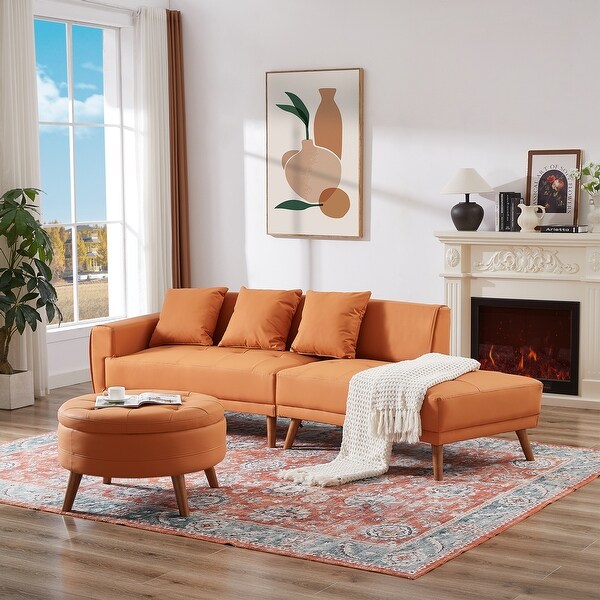 Futon Sleeper Loveseat with Storage Ottoman Table Orange