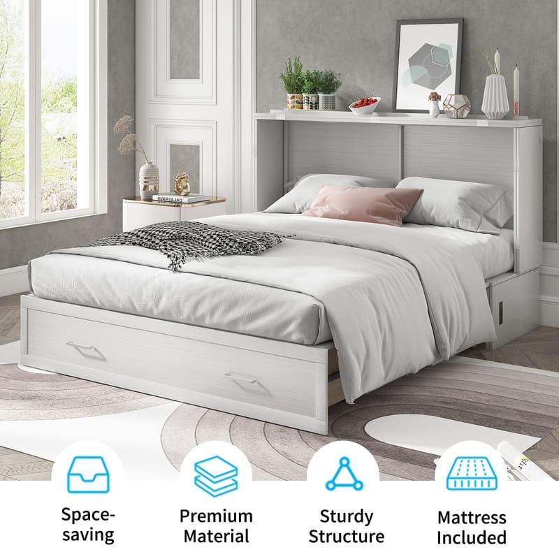 Mixoy Queen Murphy Bed Cabinet Bed Chest with Mattress,Drawers,USB Charging Station