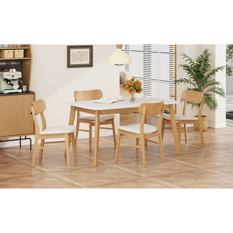 Roomfitters 5-Piece Mid-Century Dining Set, 59" White Oak Table with 4 Upholstered Solid Wood Chairs