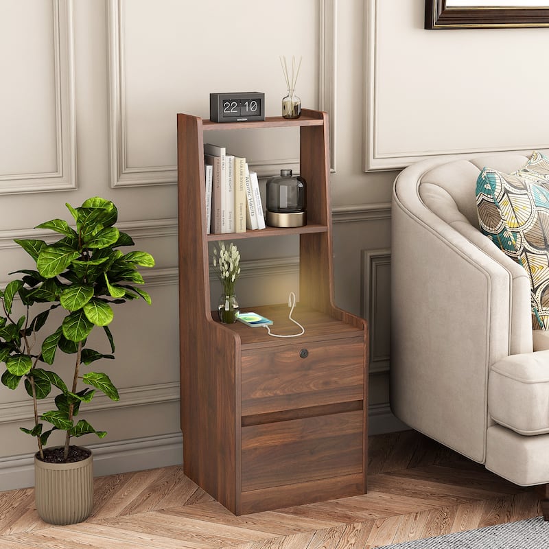Nightstand with Charging Station, Smart Nightstand with Night Light, Modern Night Stand with Bookshelf