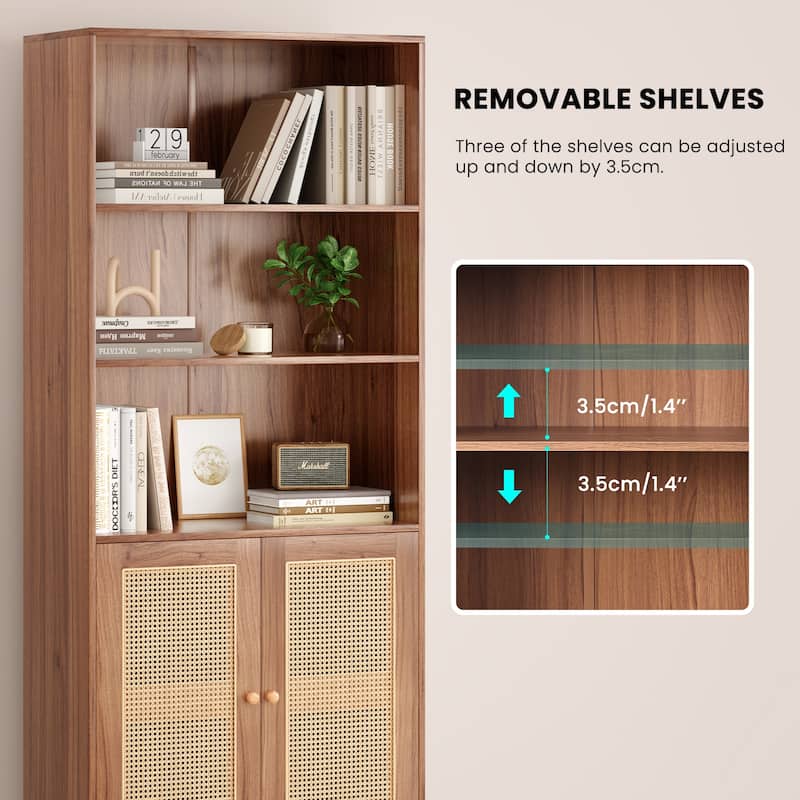 Tall Bookcase with Rattan Doors,5 Tier Storage Wood Shelves Large Bookshelf for Library Living Room Bedroom Home Office